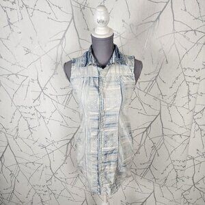 Hudson Light Wash Printed Cotton Stretch Snap Closure Collared Tank